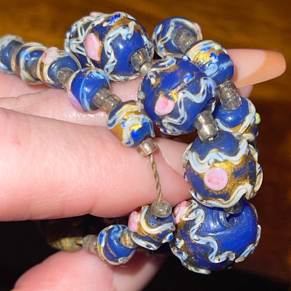 Vintage VENETIAN Italy Wedding Cake Art Murano Glass Cobalt Blue Bead Necklace - Picture 14 of 17